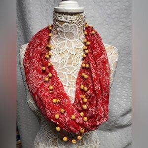 Elegant Red Scarf with Beaded Necklace